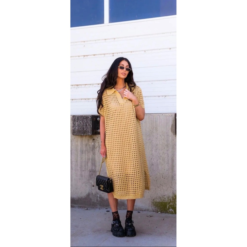 Dressed in Lala Mustard Yellow Open Knit Crochet Polo Midi Dress XL
